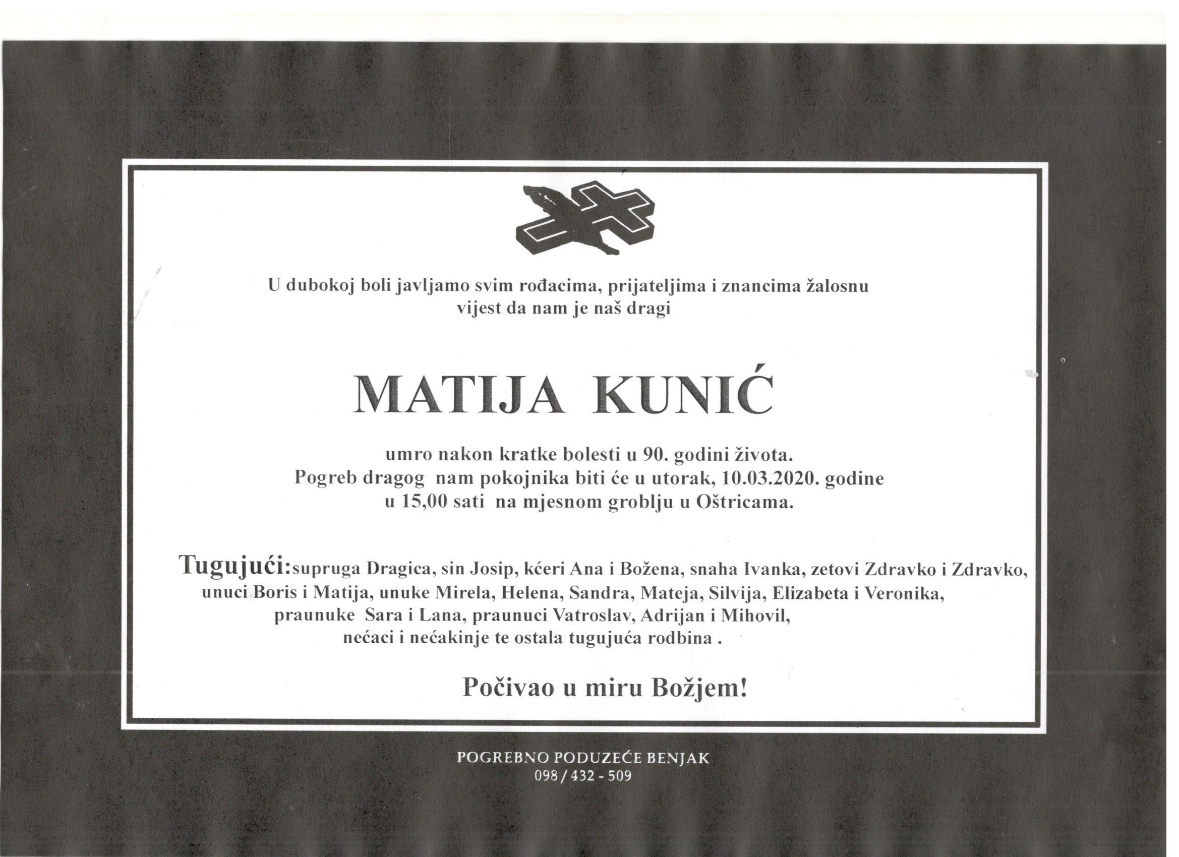 Osmrtnica - Matija Kunić